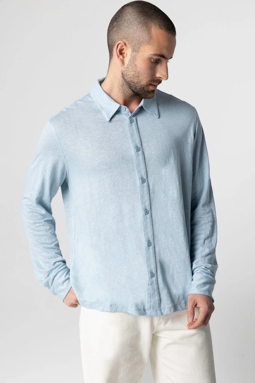 Chemise Bleu Clair Col Chemise Manches Longues en Lin / Elasthanne
