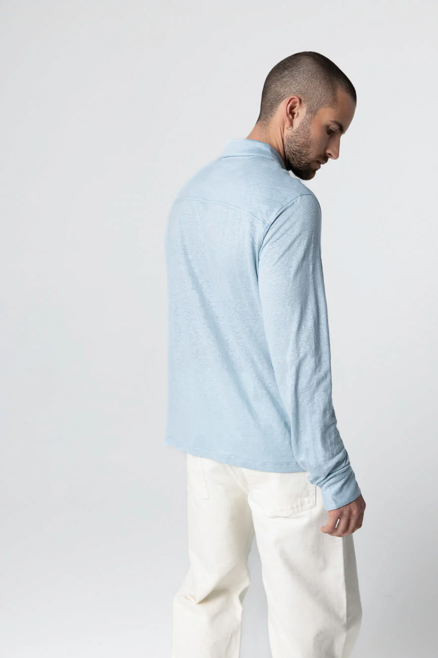 Chemise Bleu Clair Col Chemise Manches Longues en Lin / Elasthanne - Image 3
