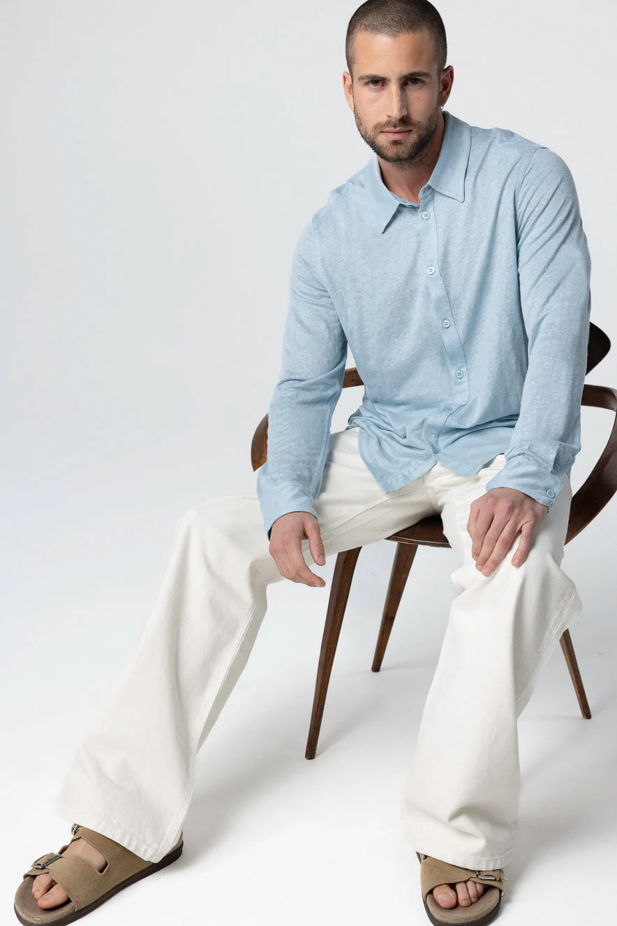 Chemise Bleu Clair Col Chemise Manches Longues en Lin / Elasthanne - Image 4