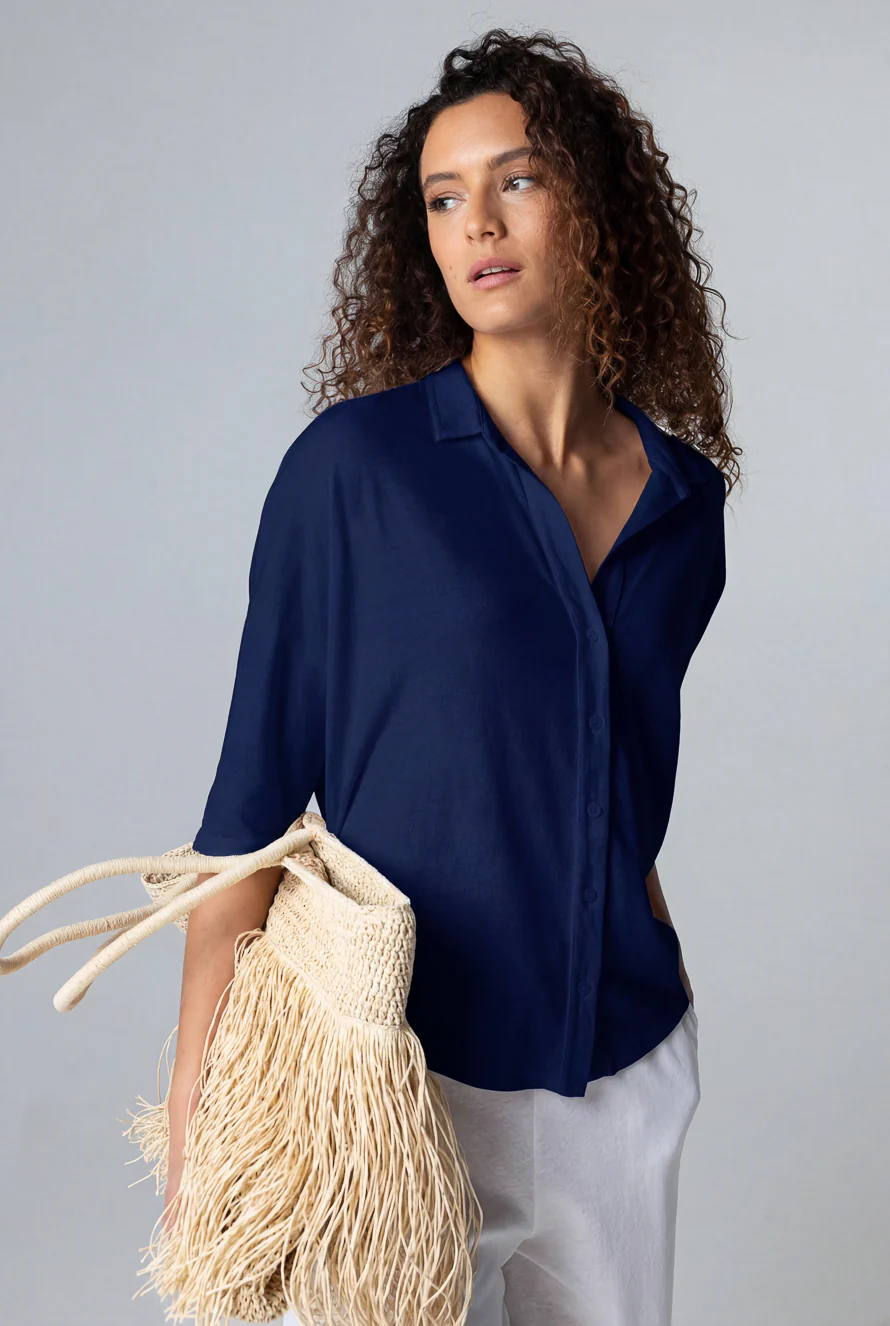 Chemise Marine Manches Courtes en Coton / Lin