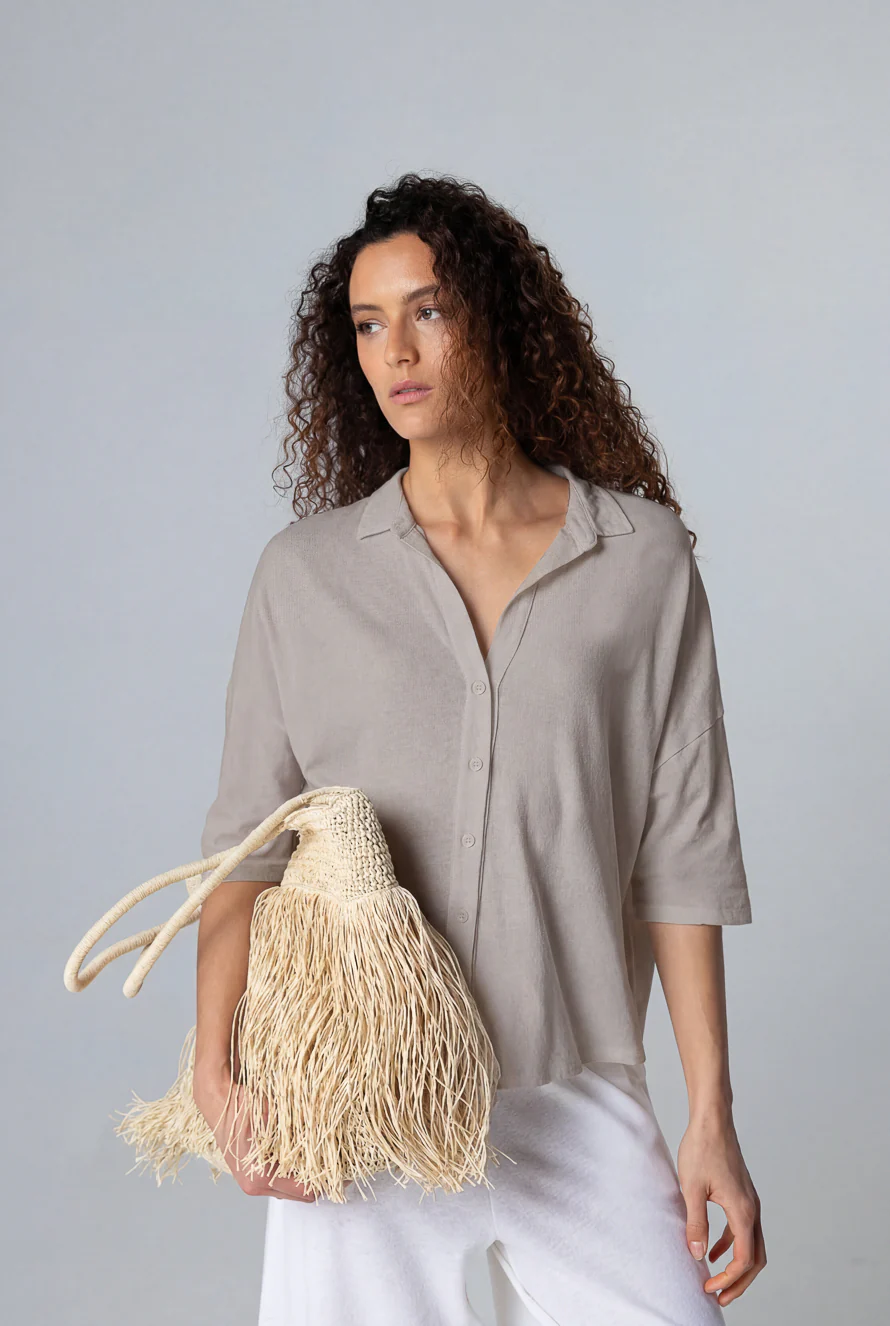 Chemise Coffee Latte Manches Courtes en Coton / Lin - Image 2