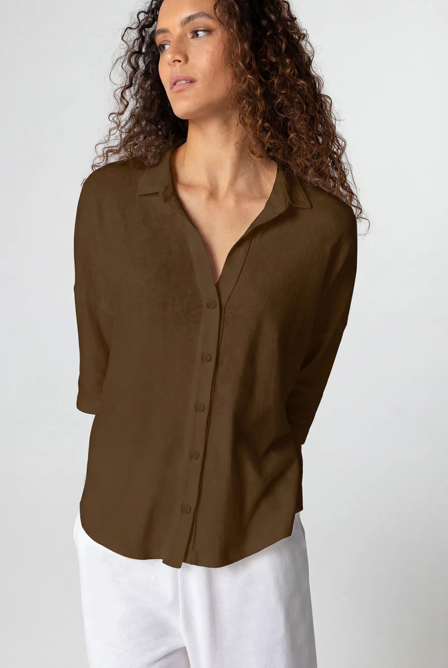 Chemise Marron Foncé Manches Courtes en Coton / Lin
