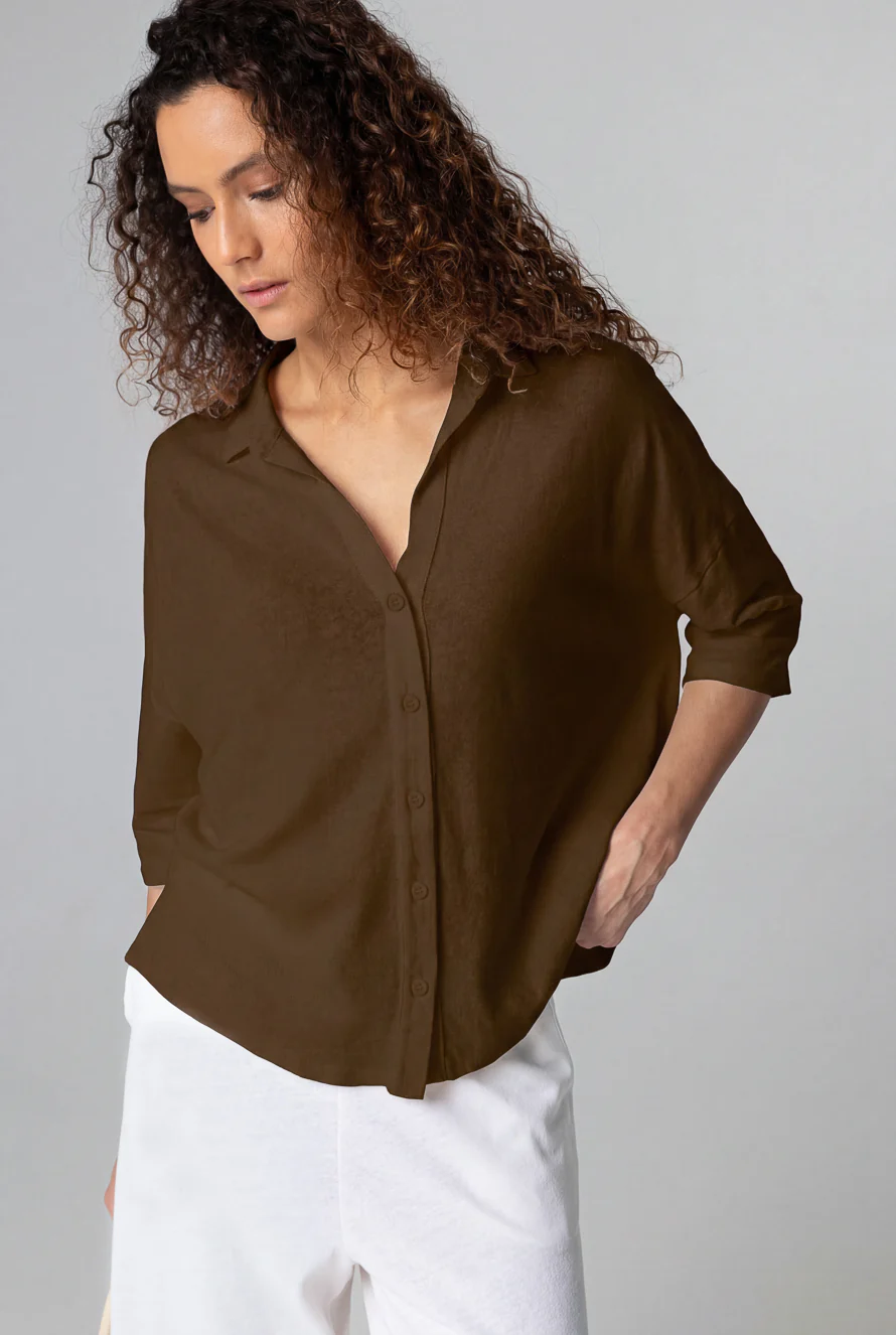 Chemise Marron Foncé Manches Courtes en Coton / Lin - Image 2