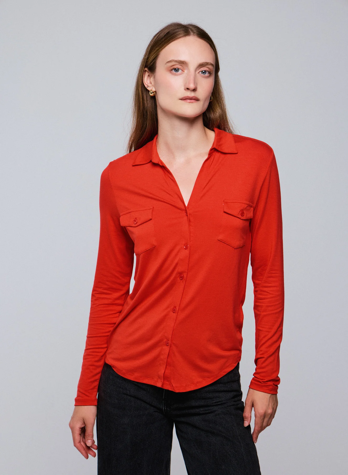 Chemise Orange Chemise Manches Longues en Viscose / Elasthanne