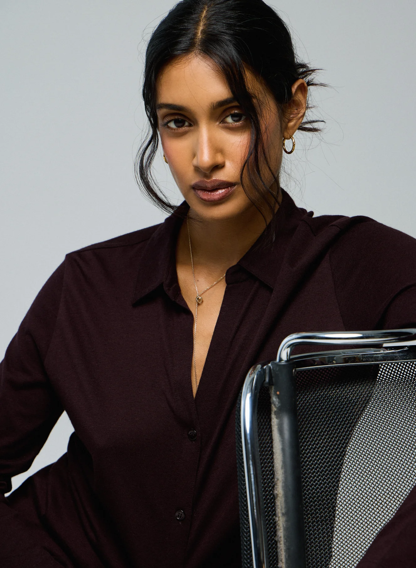 Chemise Aubergine Chemise Manches Longues en Coton Organique / Cachemire