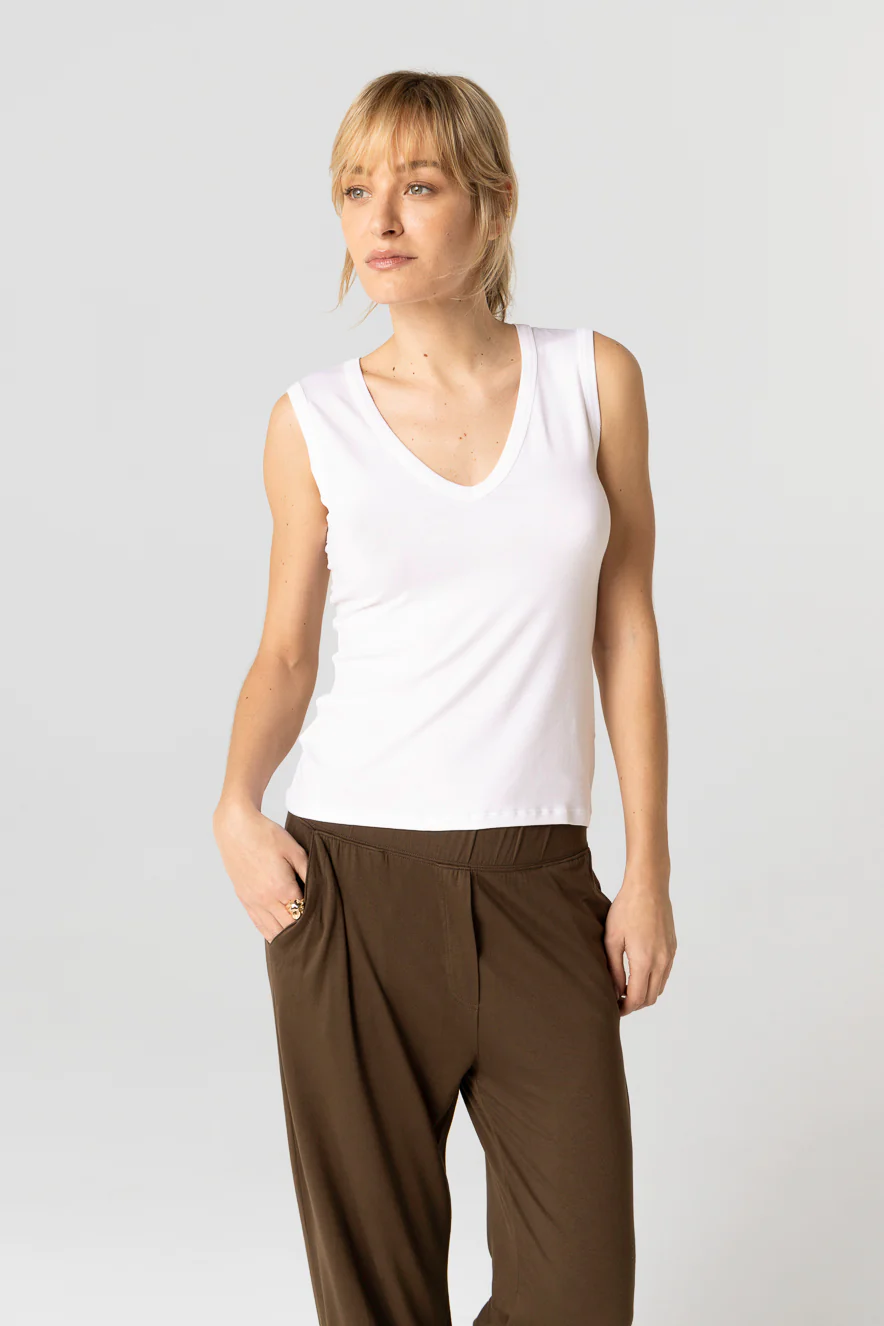 Débardeur Blanc Col V Sans Manches en Viscose / Elasthanne