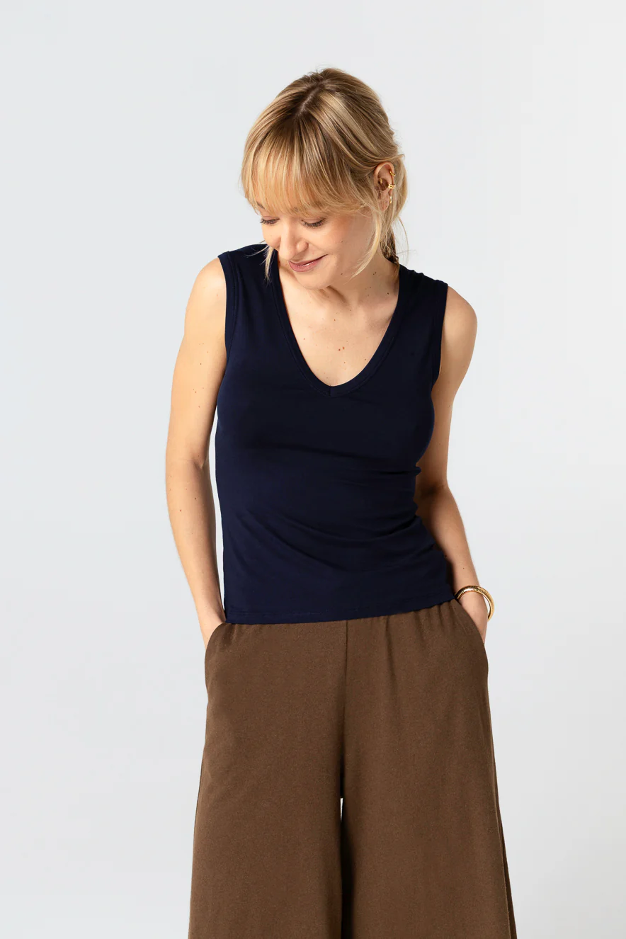 Débardeur Marine Col V Sans Manches en Viscose / Elasthanne