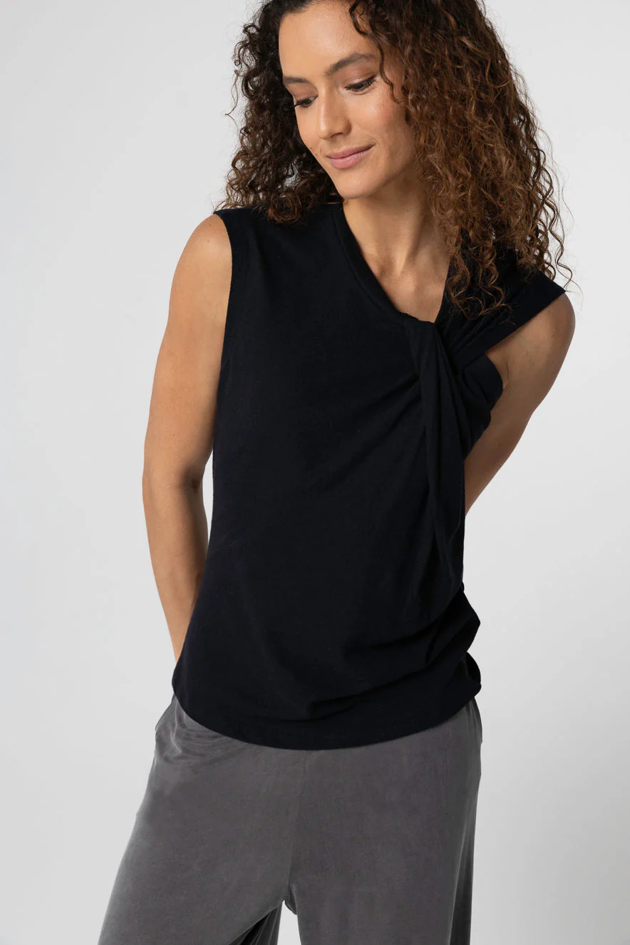 Débardeur Noir Col Noué Sans Manches en Coton / Lin