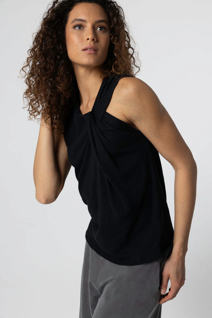 Débardeur Noir Col Noué Sans Manches en Coton / Lin - Image 3