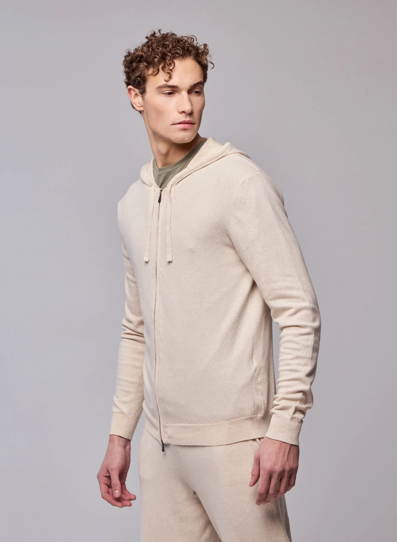 Gilet Beige Capuche Manches Longues en Coton organique / Elasthanne