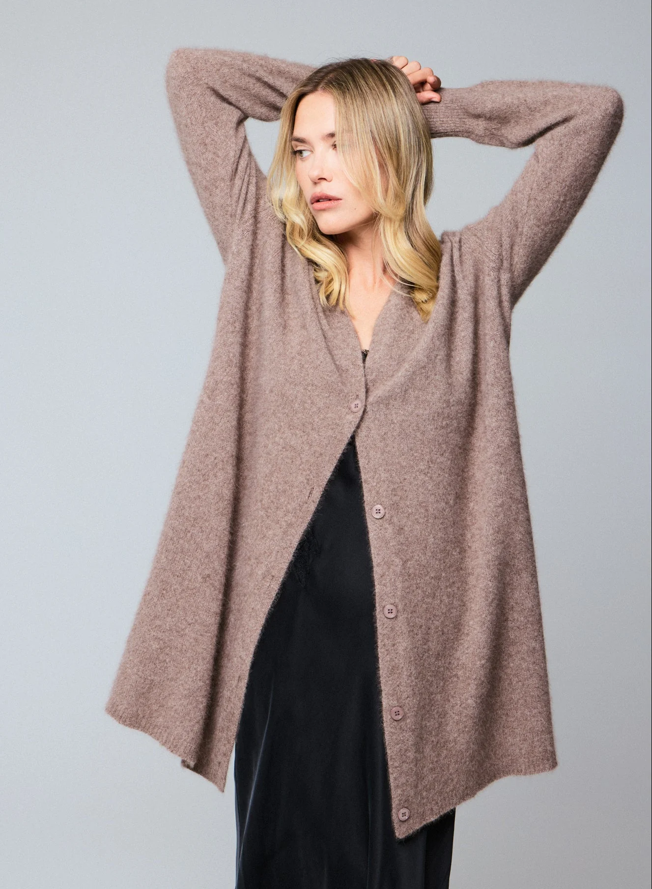 Gilet Beige Col Châle Manches Longues en Laine / Fox / Polyamide