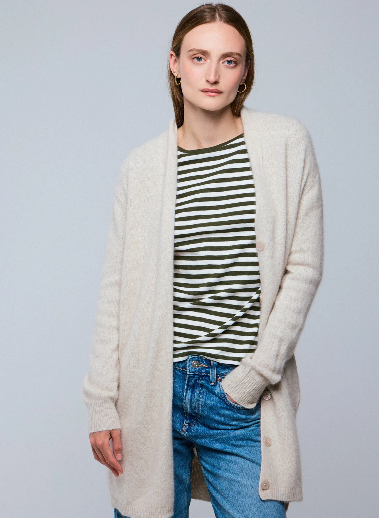 Gilet Écru Col Châle Manches Longues en Laine / Fox / Polyamide