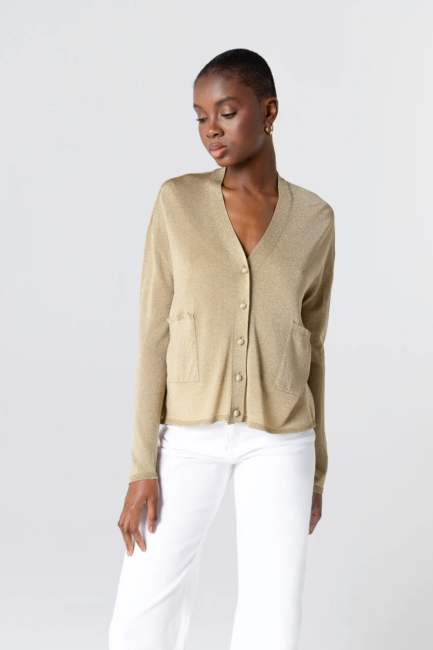 Gilet Doré Col Boutonné Manches Longues en Acetate / Fibre métallisée / Polyamide
