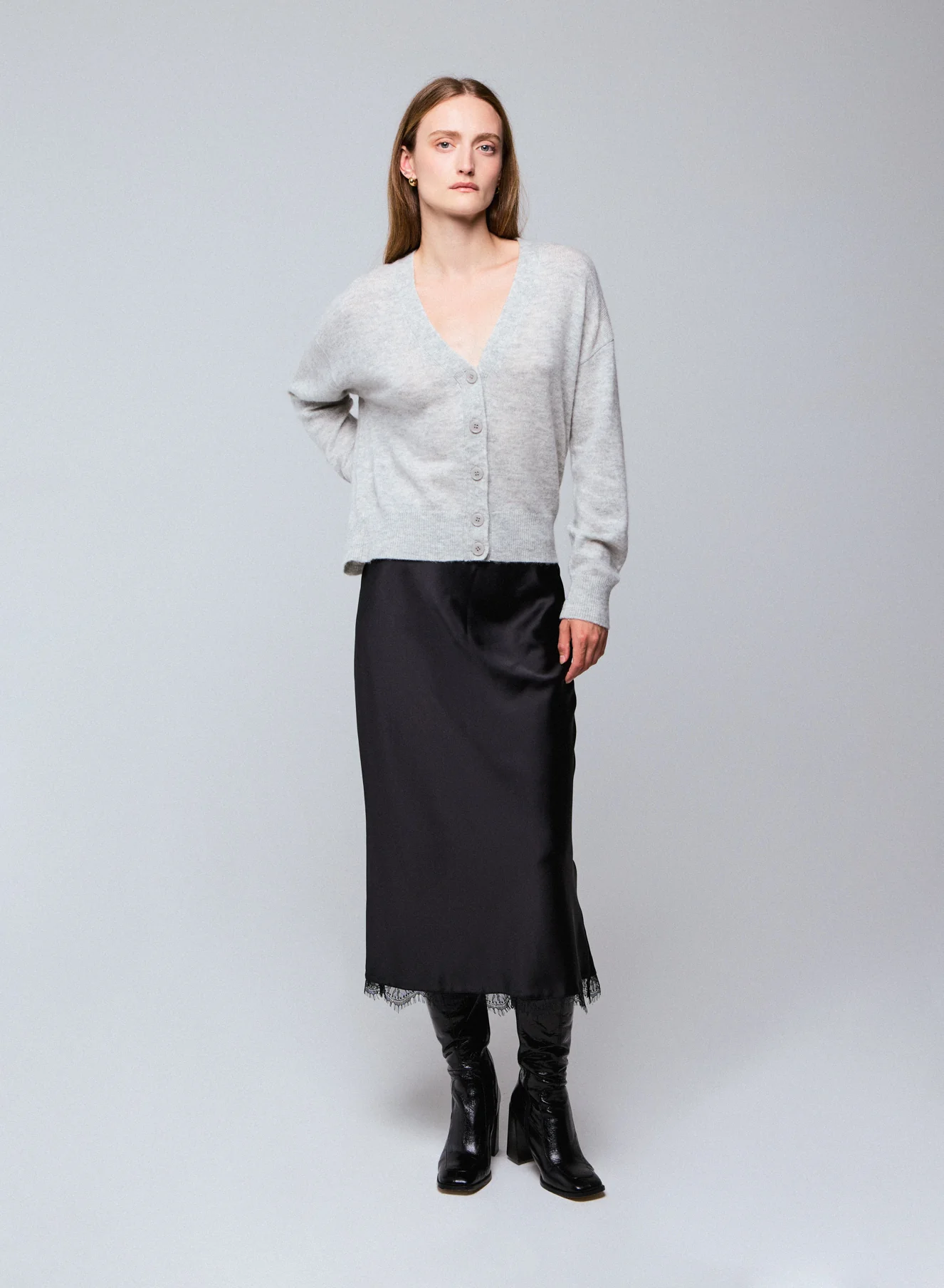 Gilet Gris Col V Manches Longues en Laine / Soie / Cachemire - Image 3