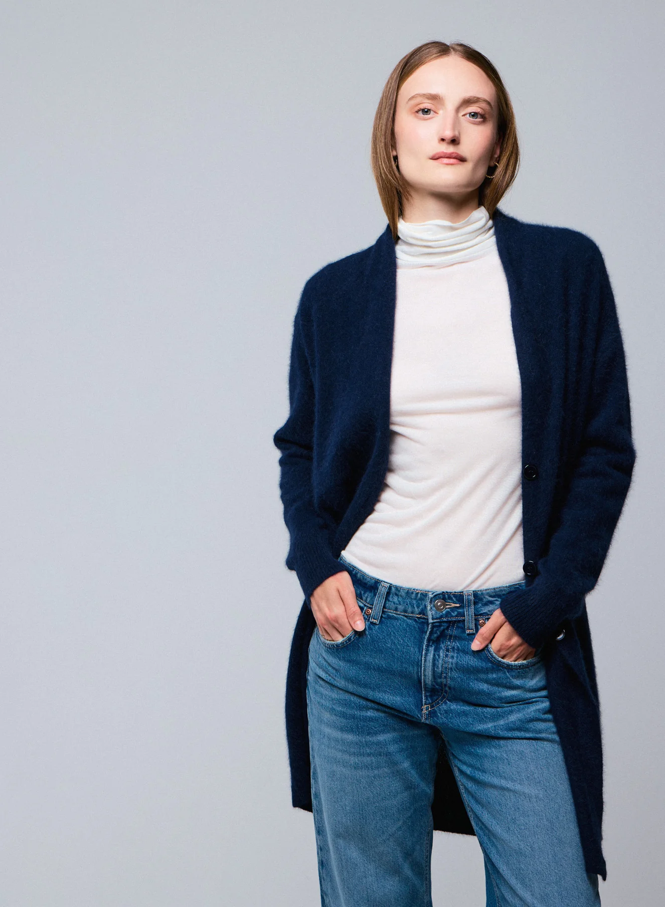 Gilet Marine Col Châle Manches Longues en Laine / Fox / Polyamide