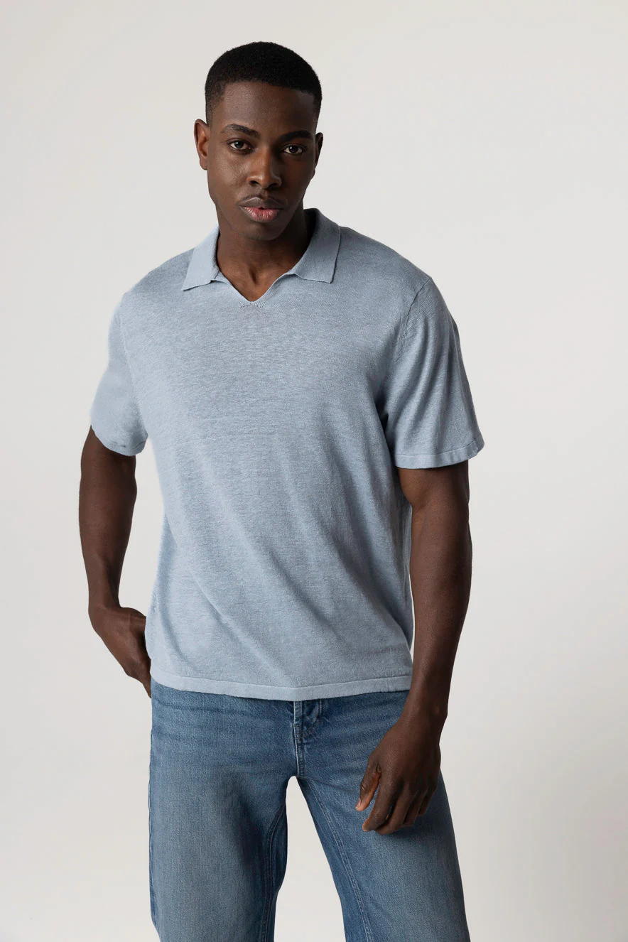 Polo Bleu Clair Manches Courtes en Lin