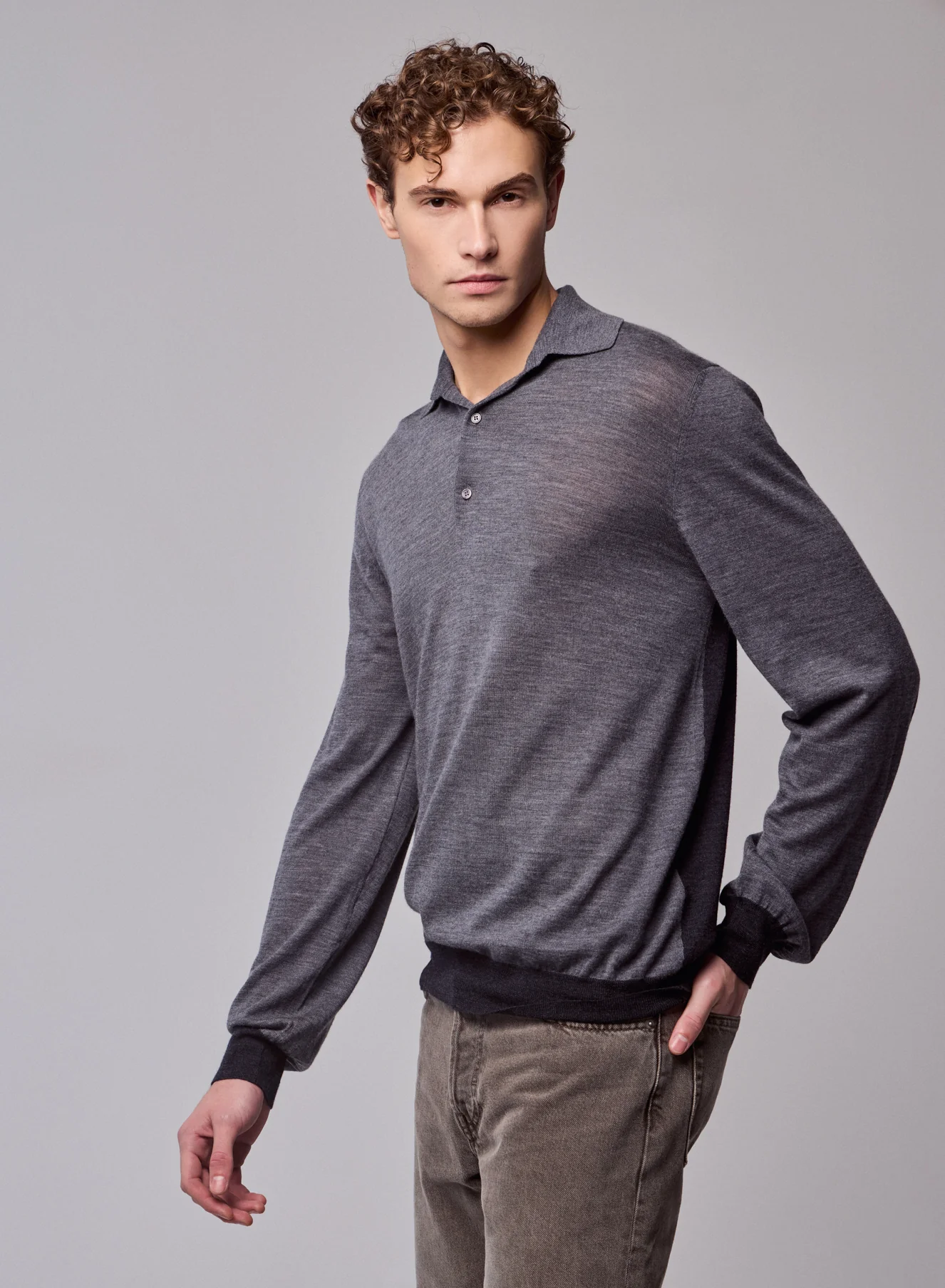 Polo Gris Polo Manches Longues en Laine merinos - Image 2