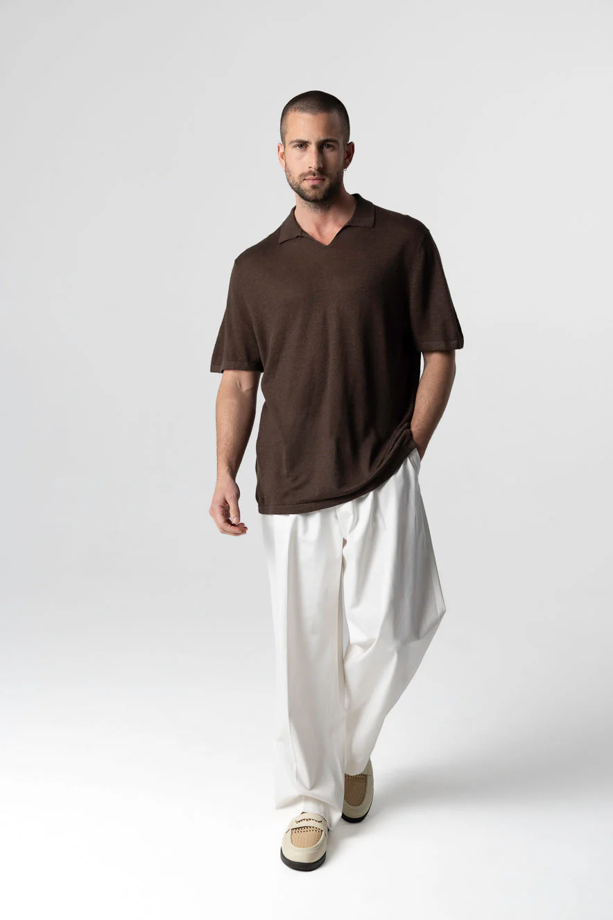 Polo Marron Foncé Manches Courtes en Lin