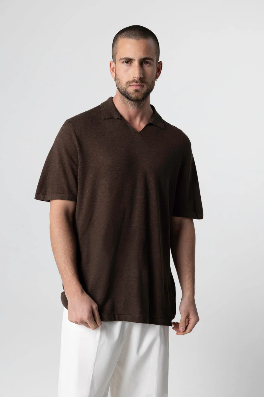 Polo Marron Foncé Manches Courtes en Lin - Image 2