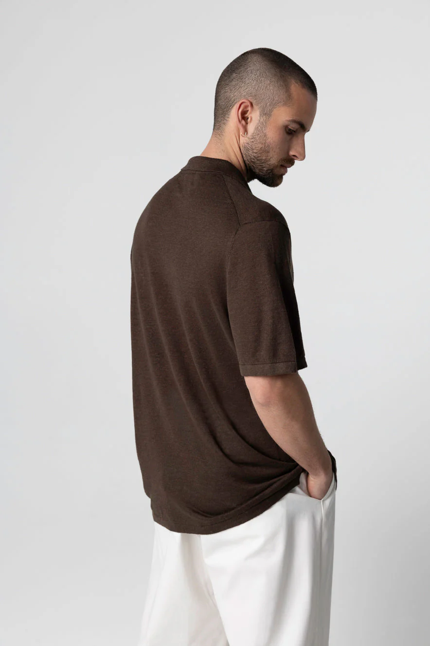 Polo Marron Foncé Manches Courtes en Lin - Image 4