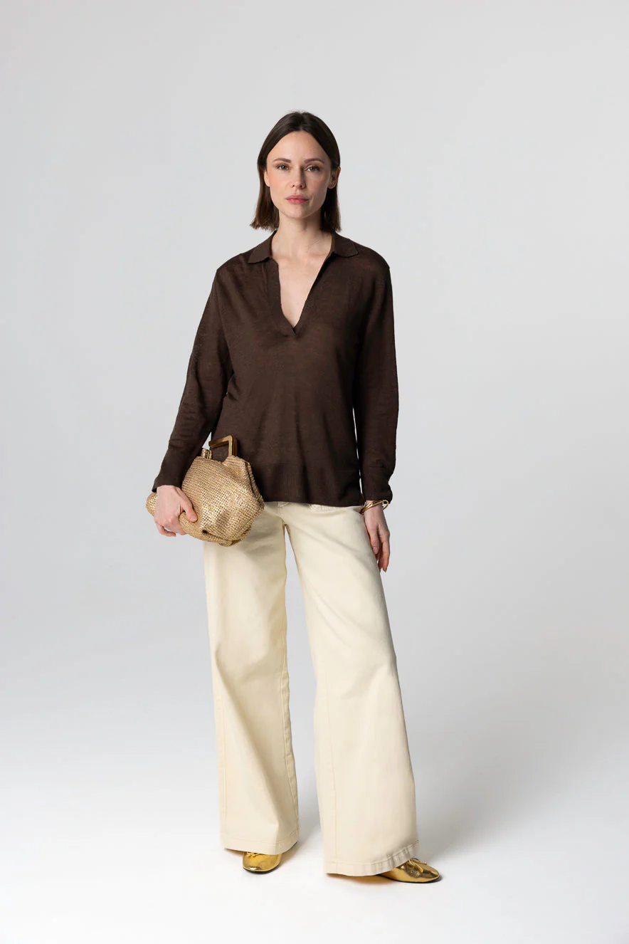 Polo Marron Foncé Manches Trois quarts en Lin