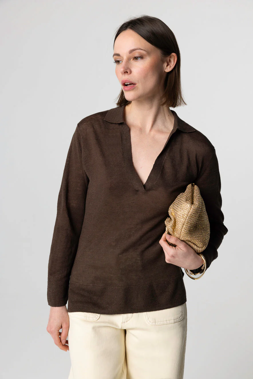 Polo Marron Foncé Manches Trois quarts en Lin - Image 3