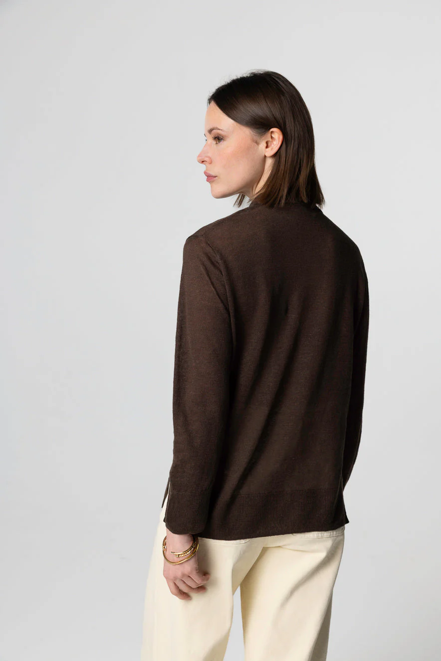 Polo Marron Foncé Manches Trois quarts en Lin - Image 4