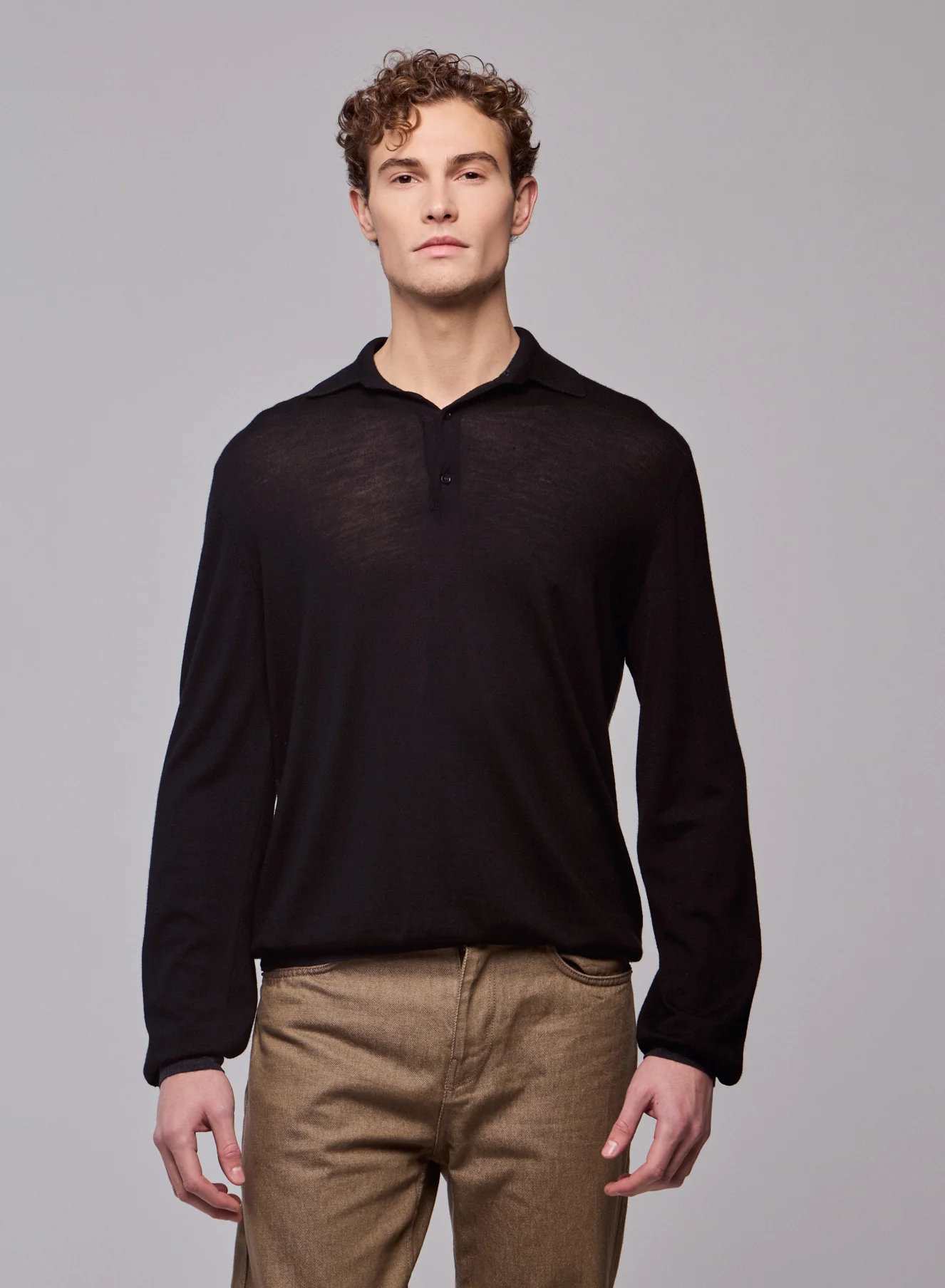 Polo Noir / Gris Polo Manches Longues en Laine merinos