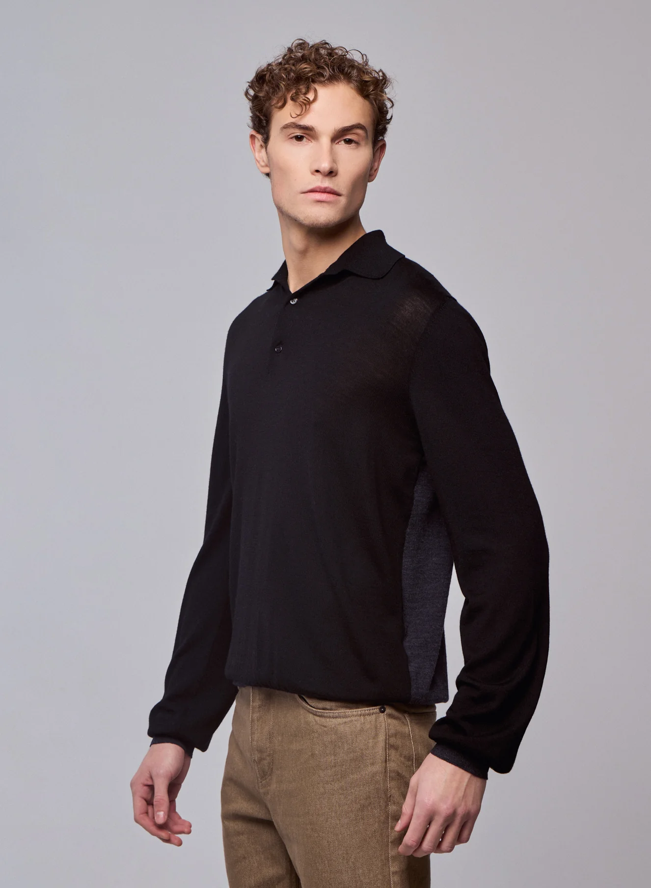 Polo Noir / Gris Polo Manches Longues en Laine merinos - Image 2