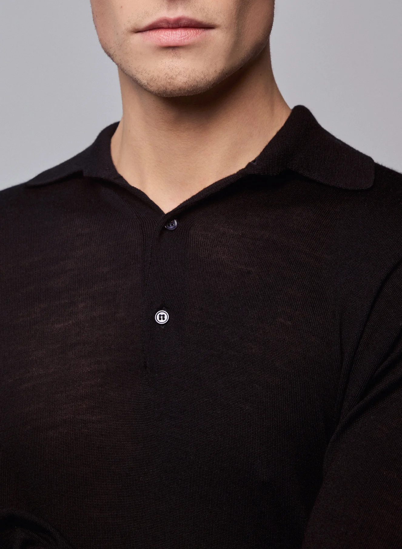 Polo Noir / Gris Polo Manches Longues en Laine merinos - Image 3