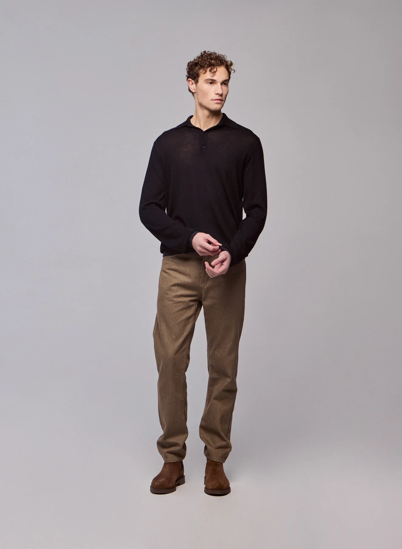 Polo Noir / Gris Polo Manches Longues en Laine merinos - Image 5