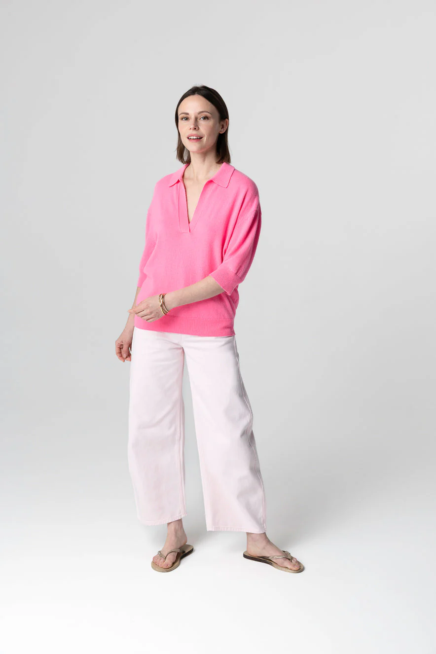 Polo Rose Manches Coudes en Cachemire