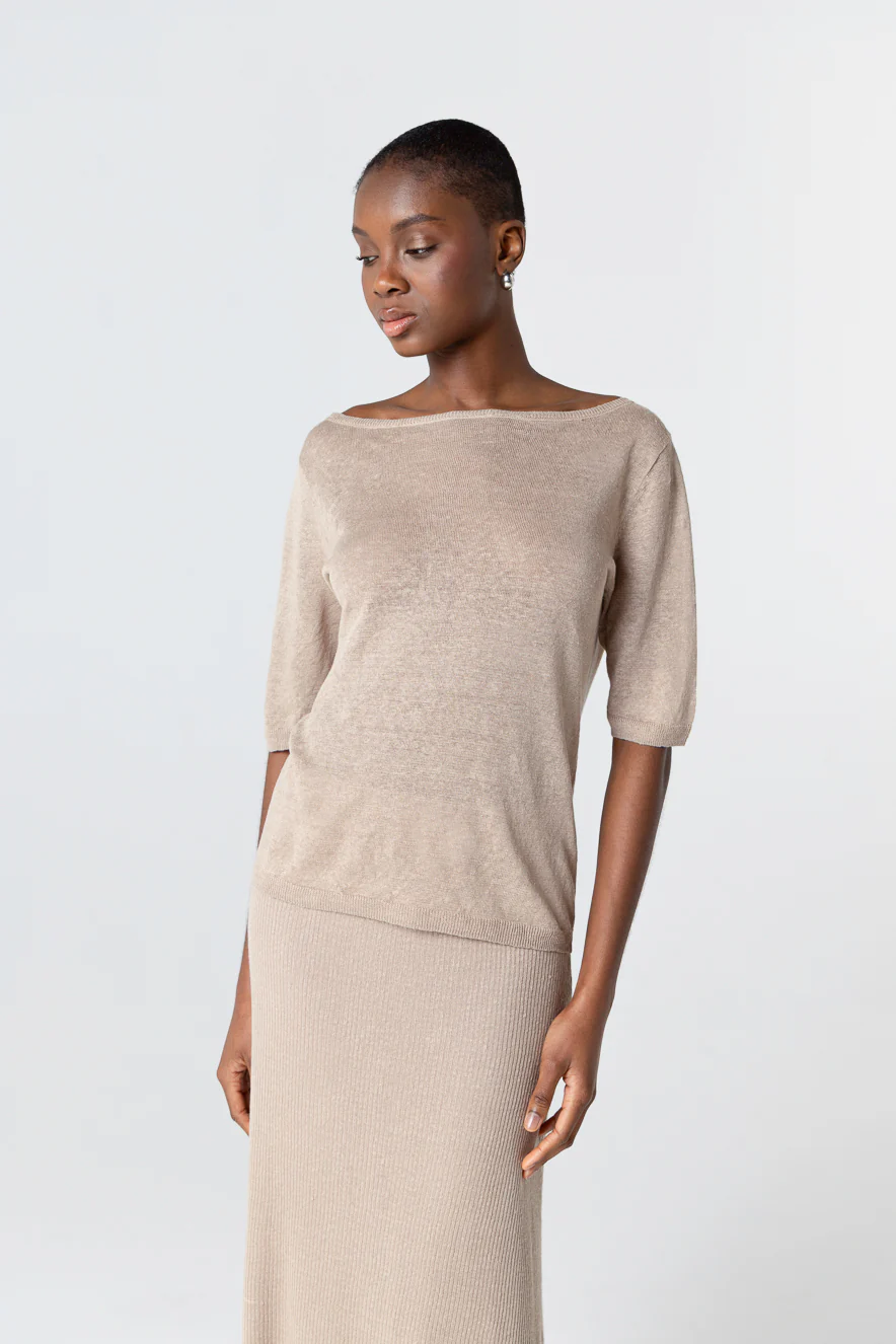 Pull Beige Col Rond Manches Courtes en Lin