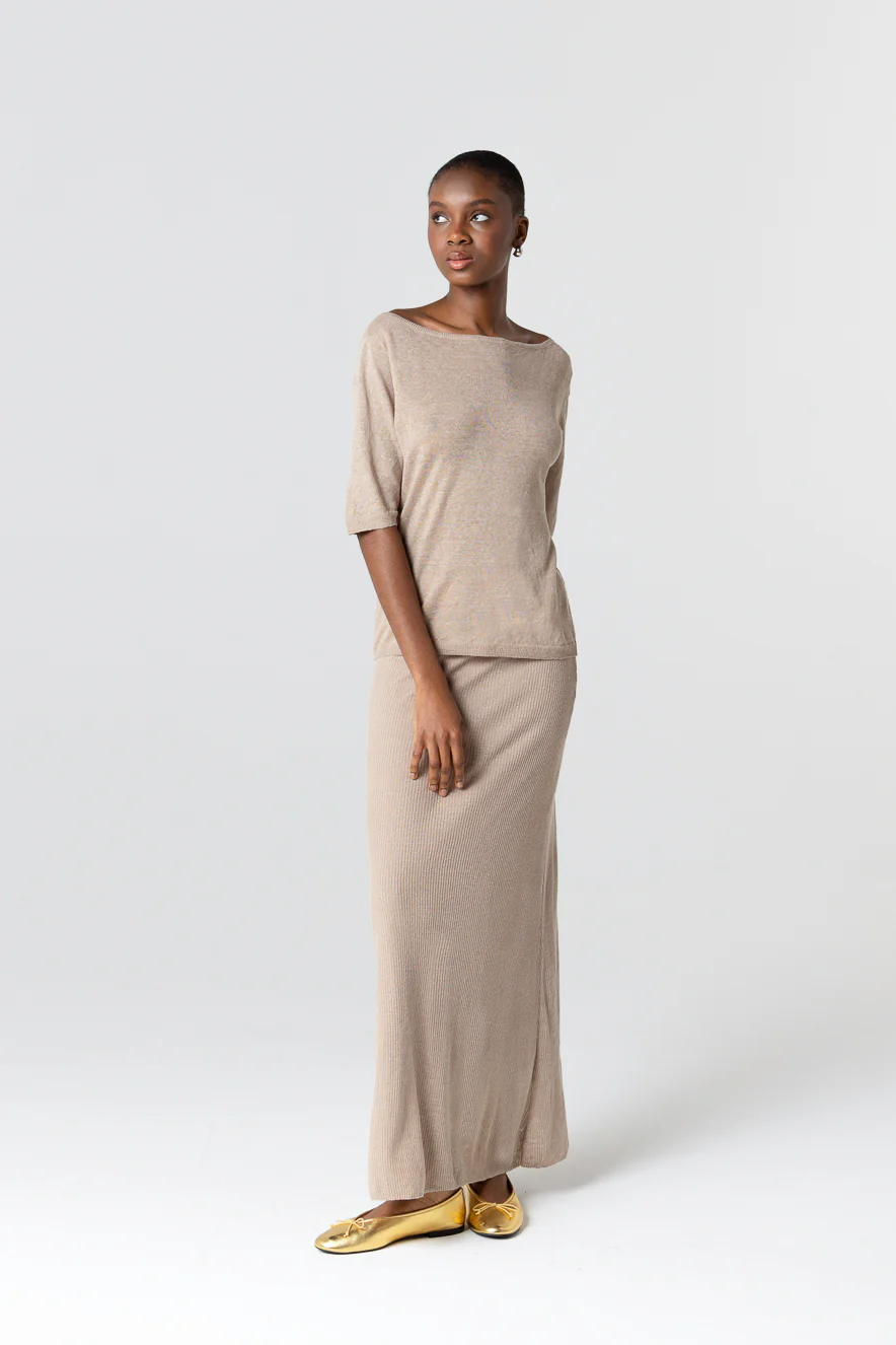 Pull Beige Col Rond Manches Courtes en Lin - Image 2
