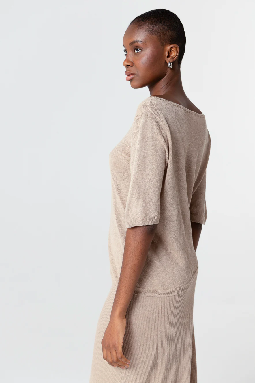 Pull Beige Col Rond Manches Courtes en Lin - Image 3
