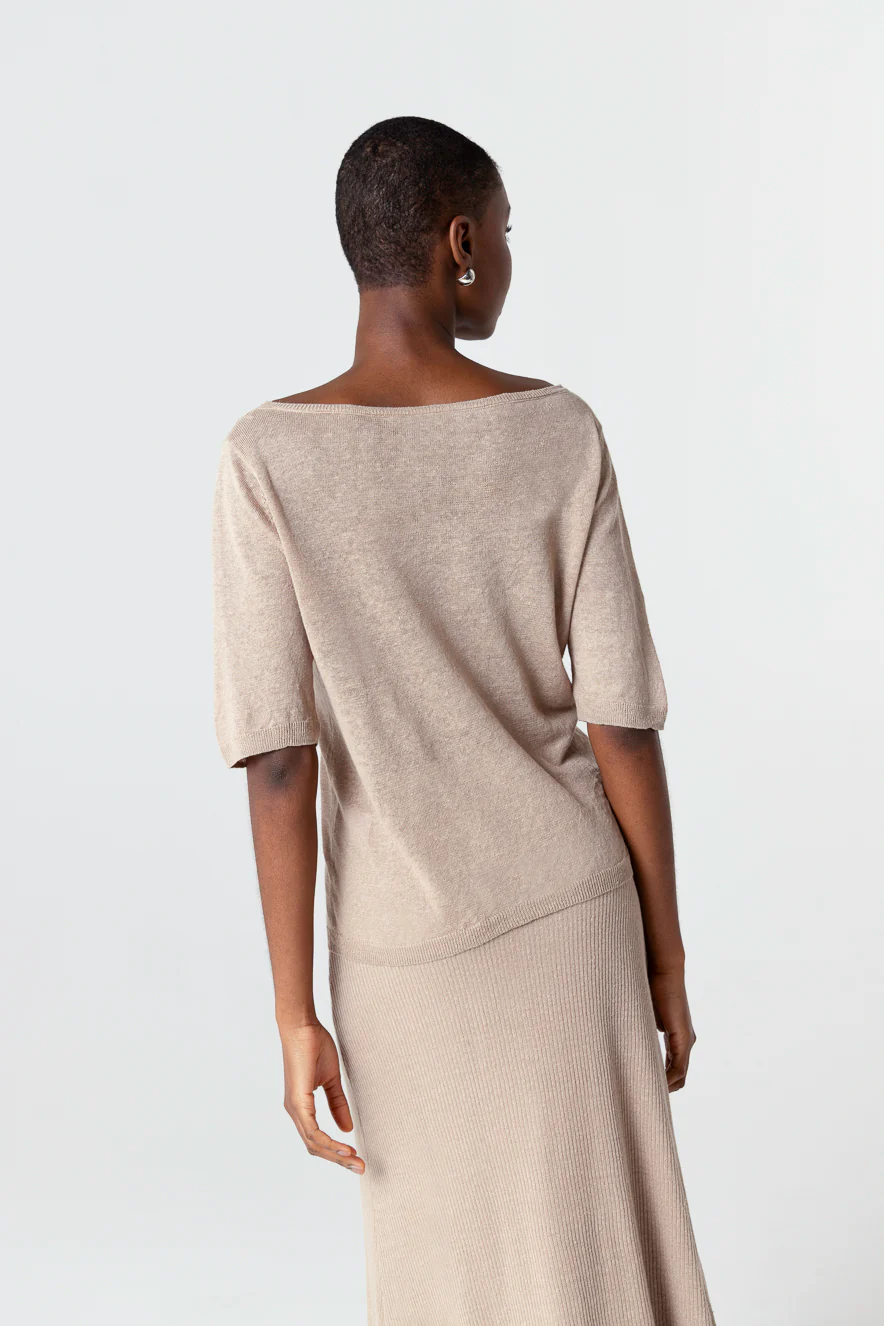 Pull Beige Col Rond Manches Courtes en Lin - Image 4