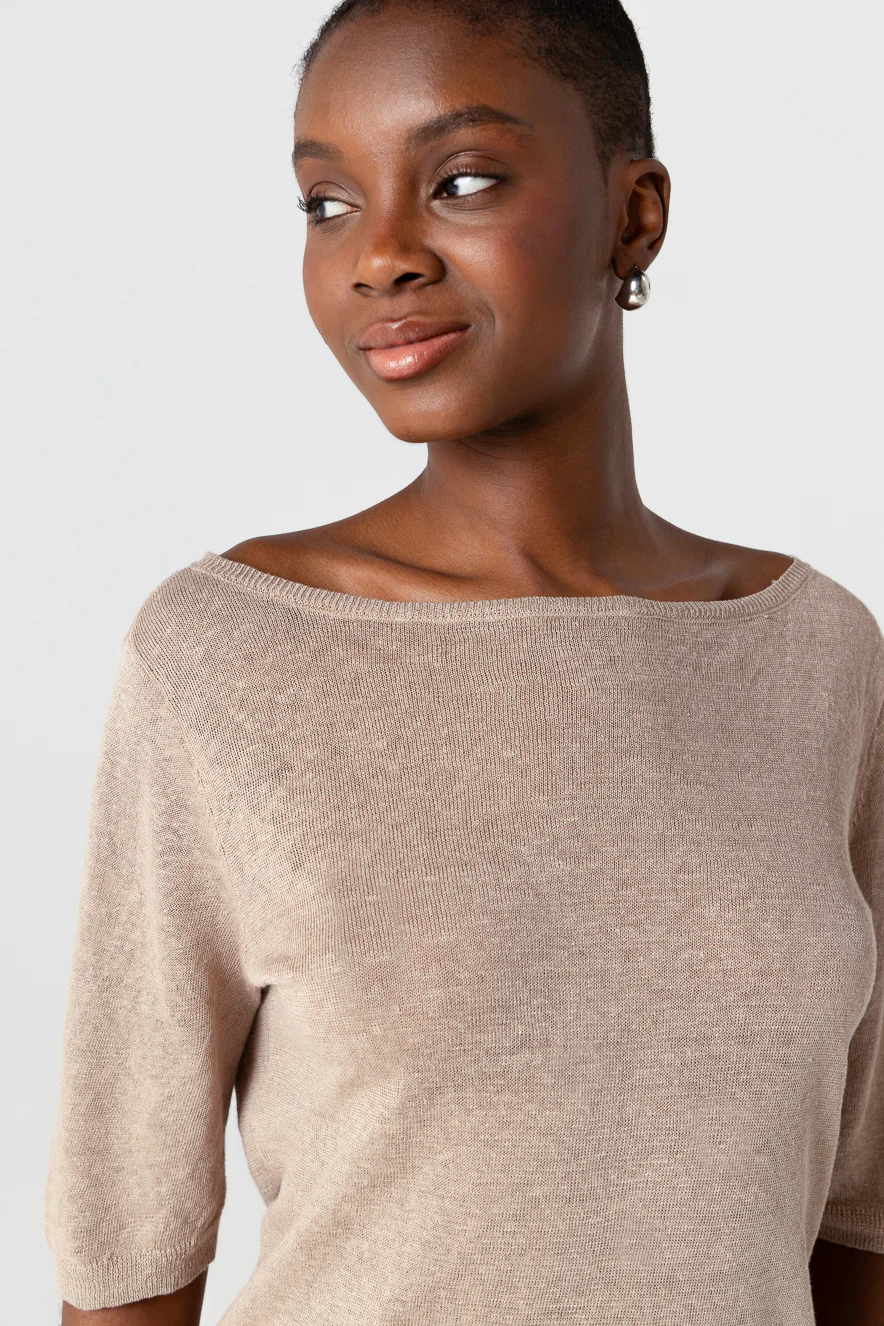 Pull Beige Col Rond Manches Courtes en Lin - Image 5