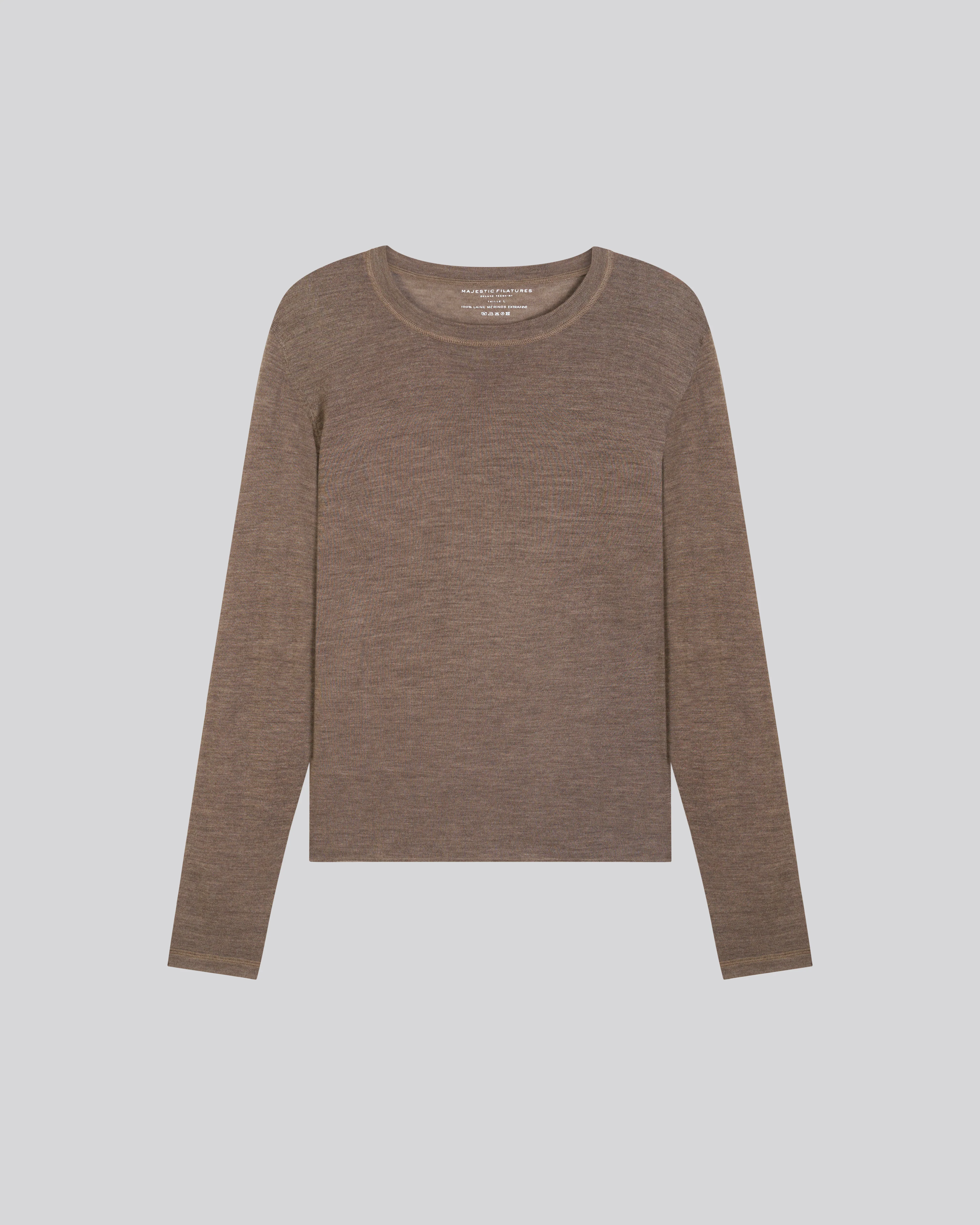 Pull Beige Col Rond Manches Longues en Laine merinos