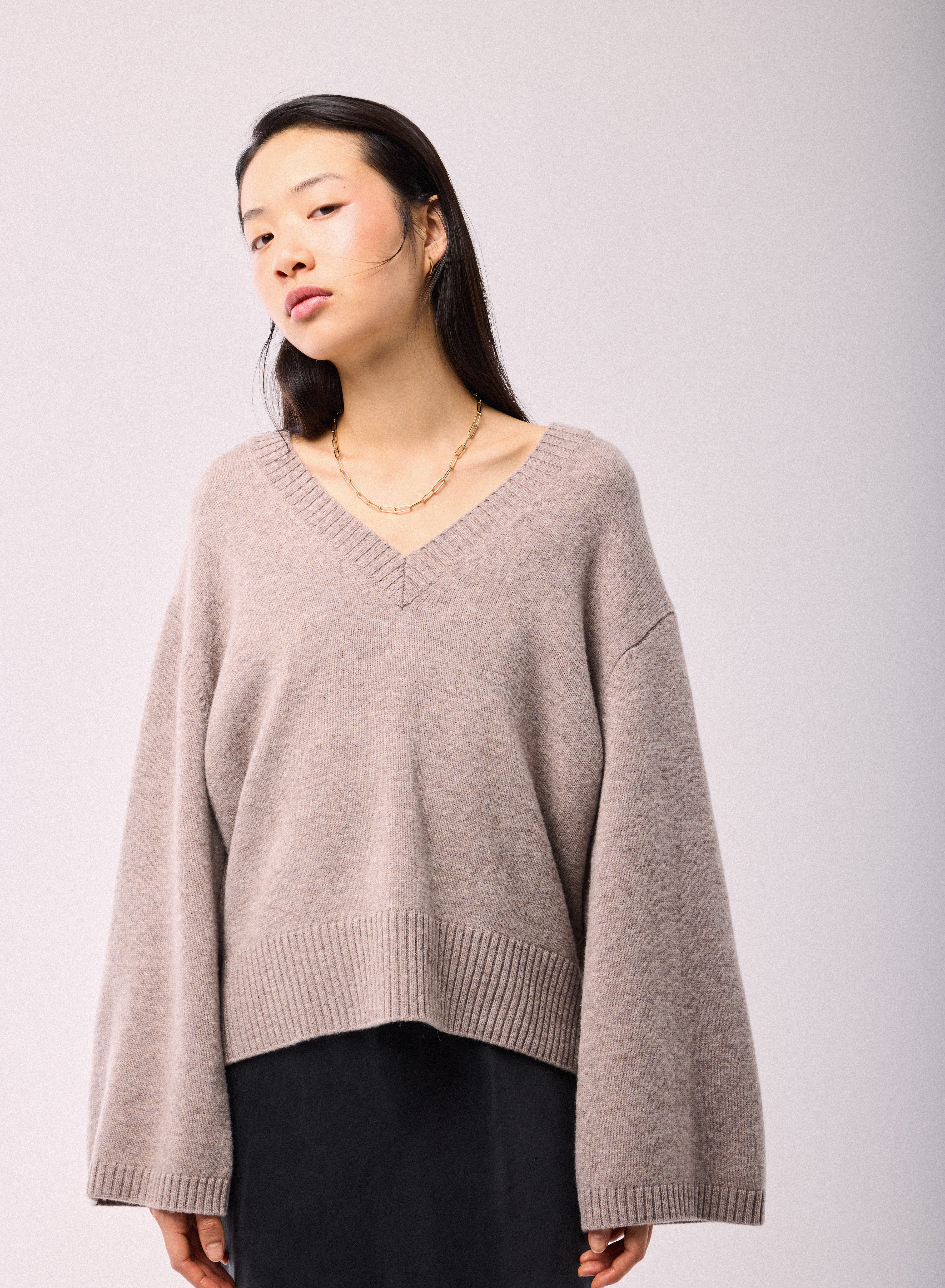 Pull Marron Col V Manches Longues en Laine merinos - Image 2