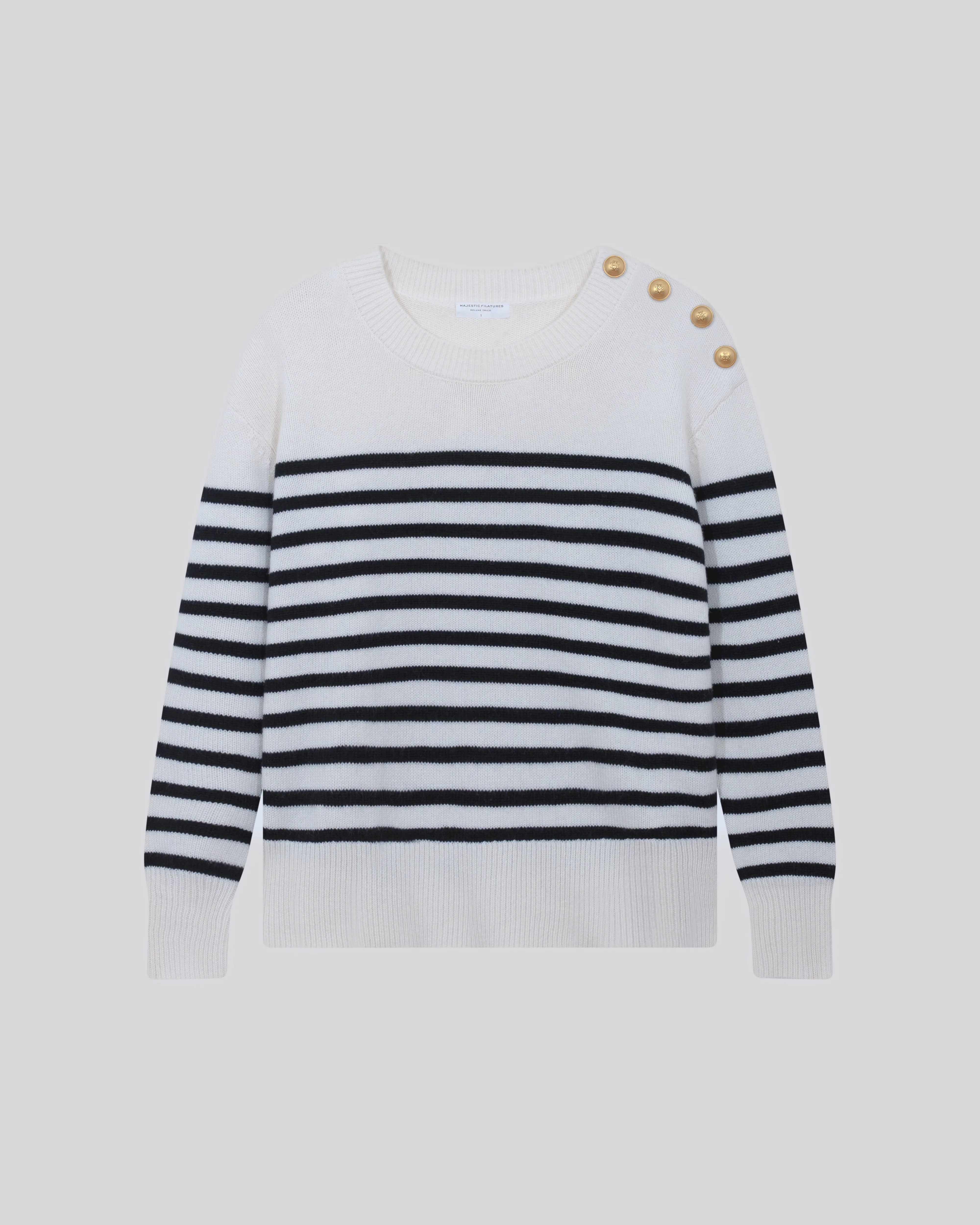 Pull Marinière Noir / Beige Col Rond Manches Longues en Laine / Cachemire - Image 5