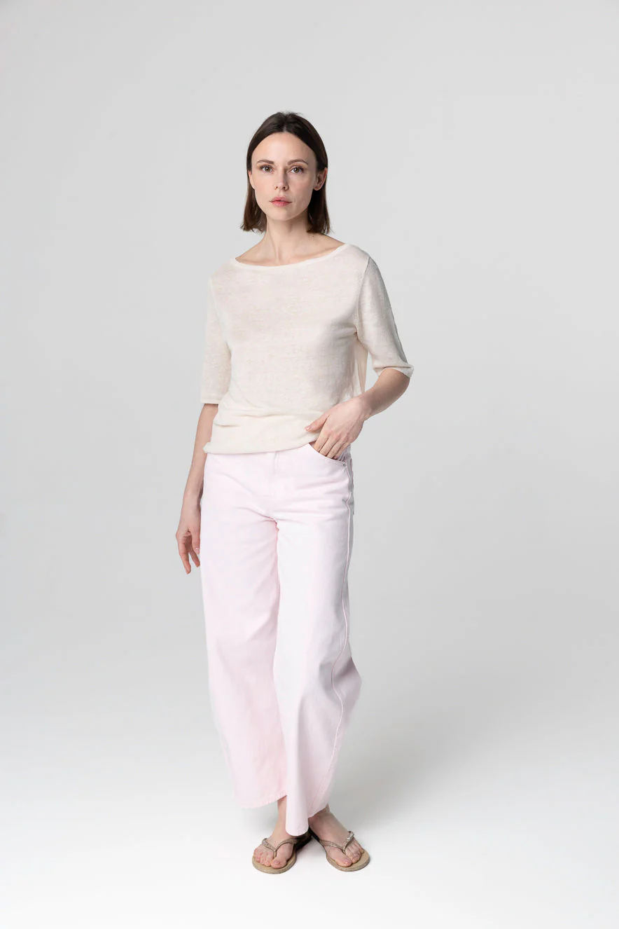 Pull Cream Col Rond Manches Courtes en Lin