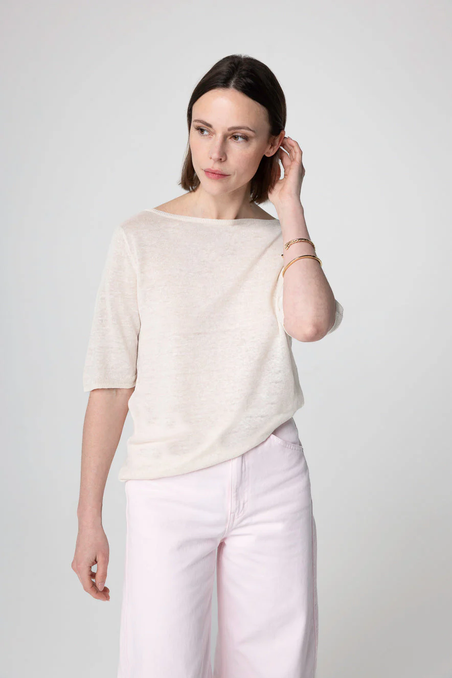 Pull Cream Col Rond Manches Courtes en Lin - Image 2