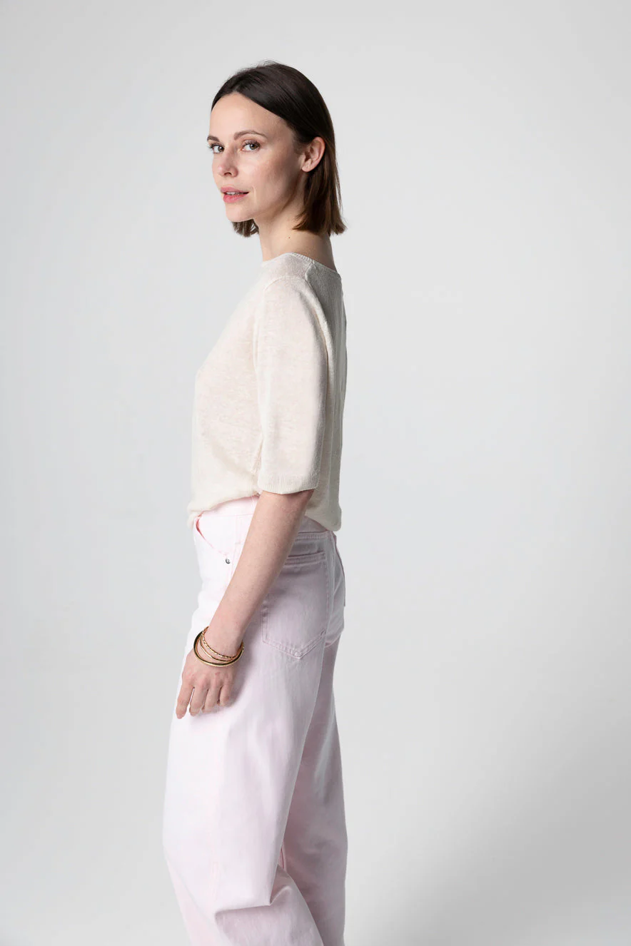 Pull Cream Col Rond Manches Courtes en Lin - Image 3
