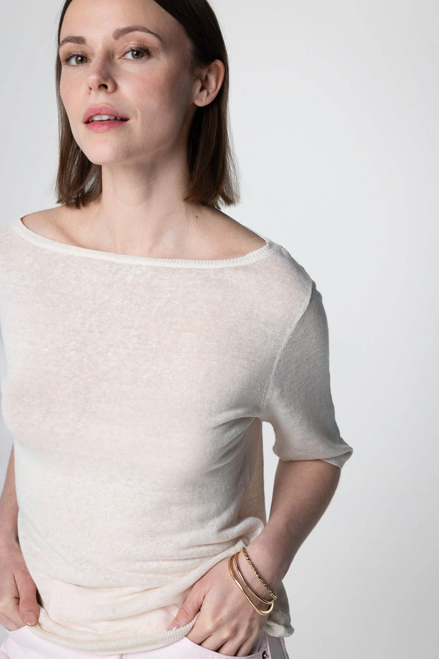 Pull Cream Col Rond Manches Courtes en Lin - Image 5