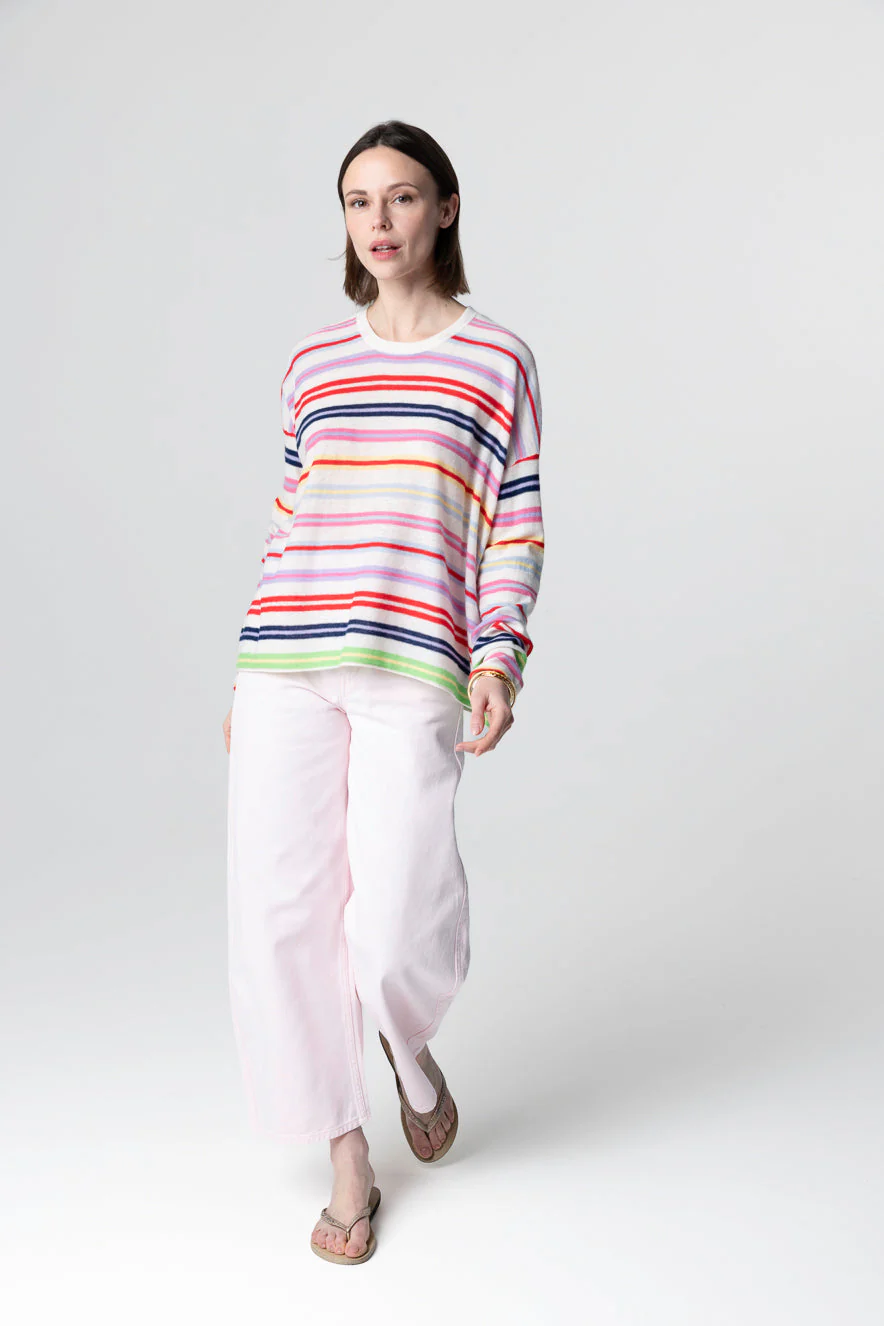 Pull Rayé Multicouleurs Col Rond Manches Longues en Cachemire extrafine