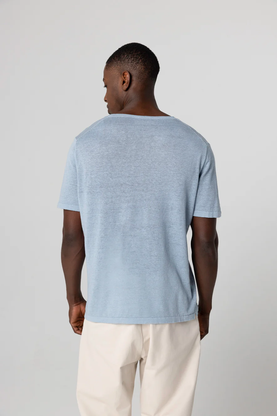 Pull Bleu Calanques Col Rond Manches Courtes en Lin - Image 4