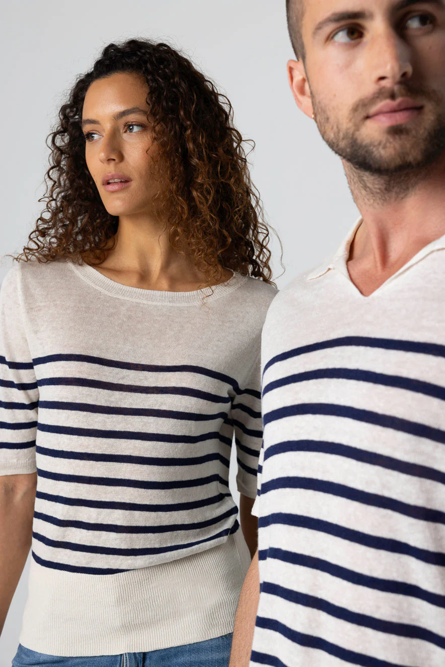 Pull Blue Moon Rayé Col Rond Manches Coudes en Lin - Image 8