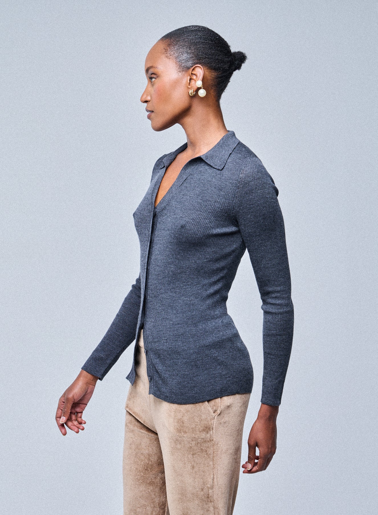 Pull Gris Chemise Manches Longues en Laine merinos - Image 3