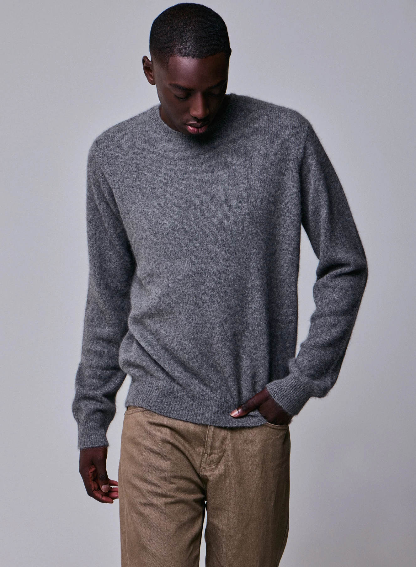 Pull Gris Col Rond Manches Longues en Laine / Fox / Polyamide