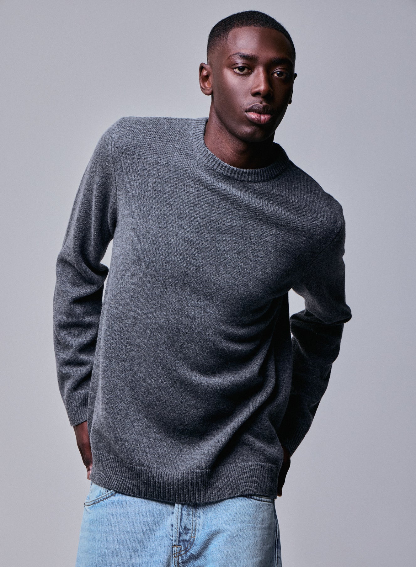 Pull Gris Col Rond Manches Longues en Laine merinos